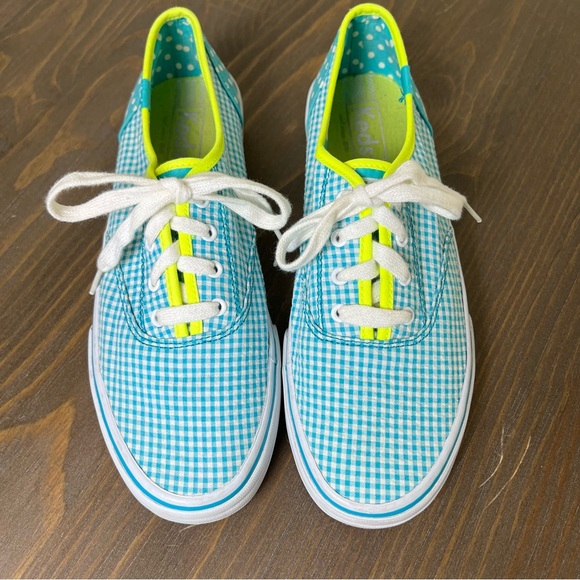 Keds Women’s Double Dutch Gingham Plaid Polka Dot Sneakers 7.5 Aqua Blue/Lime - Picture 2 of 9